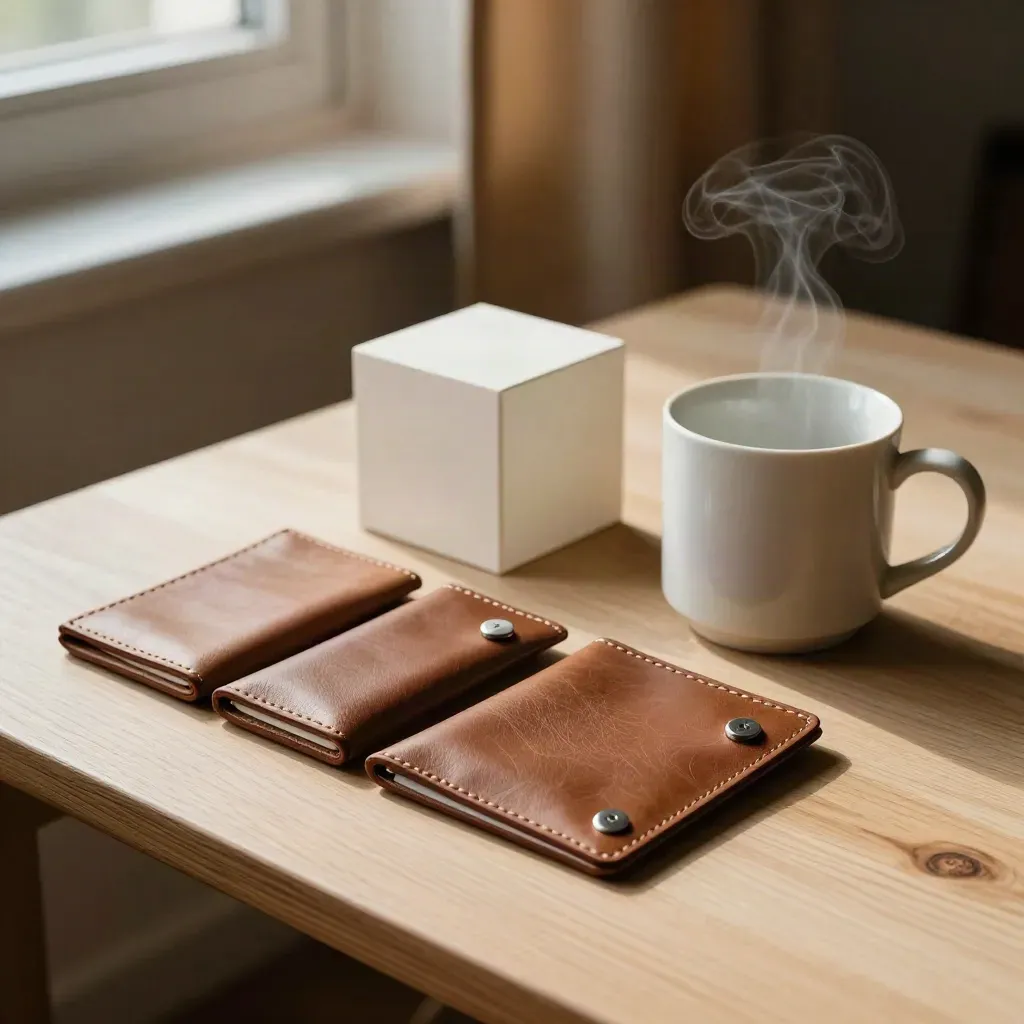 Four leather payment pouches, blank calendar cube, and steaming mug on a pale wood table.