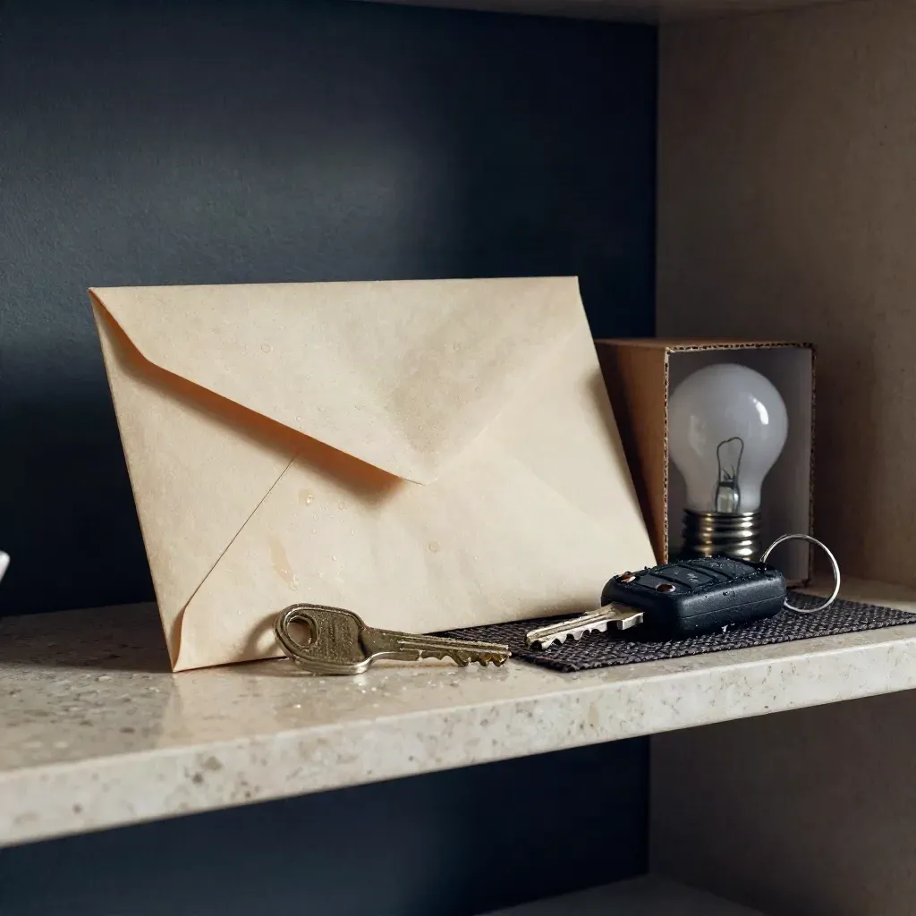 Damp cash envelope, utility key, bulb box and car key on a travertine entry shelf after an emergency expense.