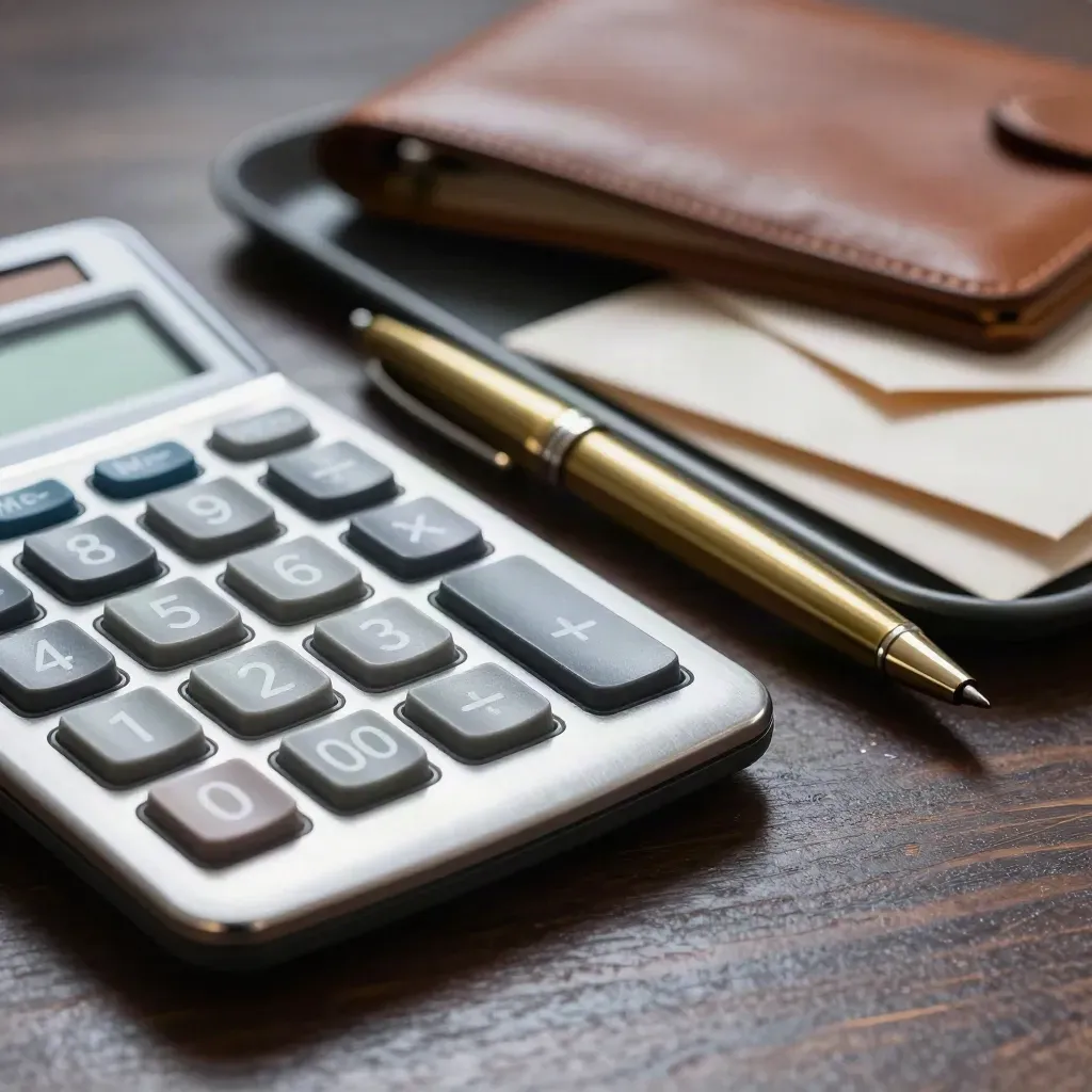 Calculator, brass pen, leather folio and envelope tray on walnut in dramatic light.