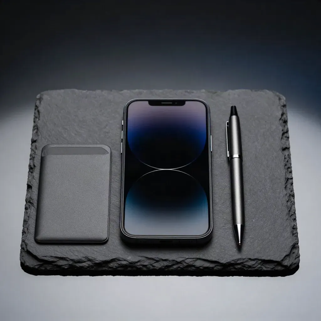 Smartphone, card holder and pen on black slate with a faint navy glow